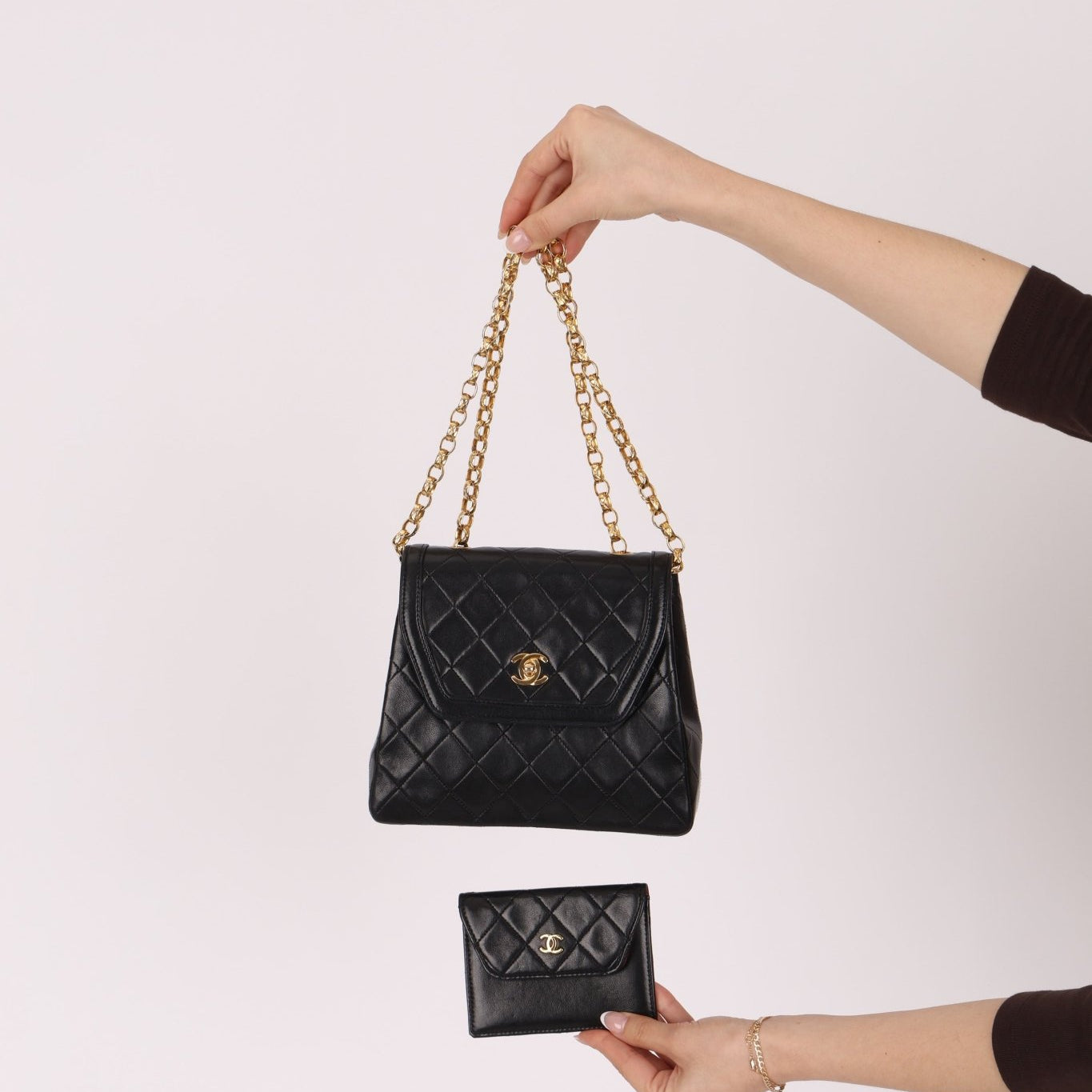 Rare Chanel 1987 Lambskin Bijoux Kelly Flap Bag with Chanel Cardholder 24K GP - FashioNica