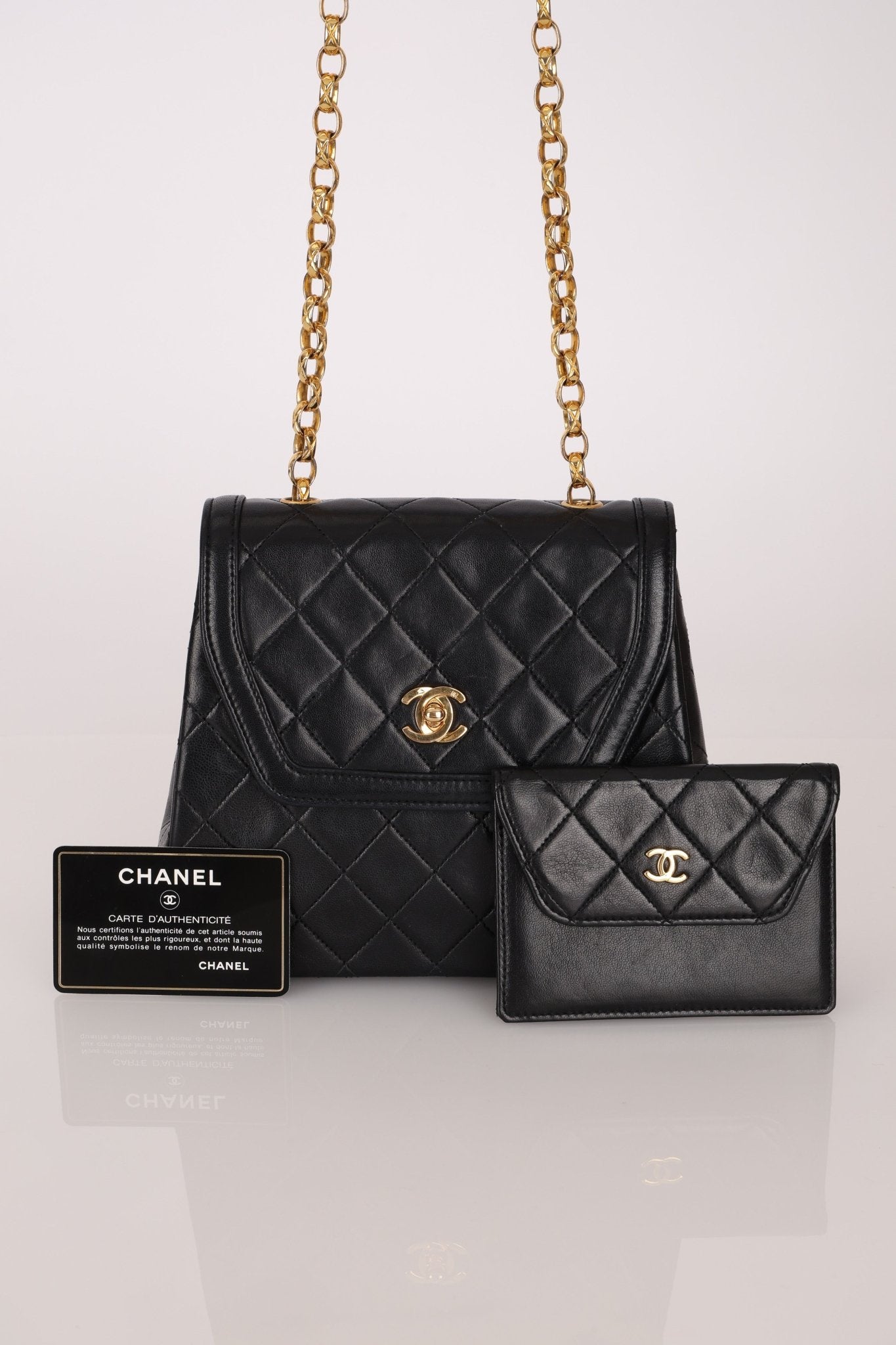 Rare Chanel 1987 Lambskin Bijoux Kelly Flap Bag with Chanel Cardholder 24K GP - FashioNica
