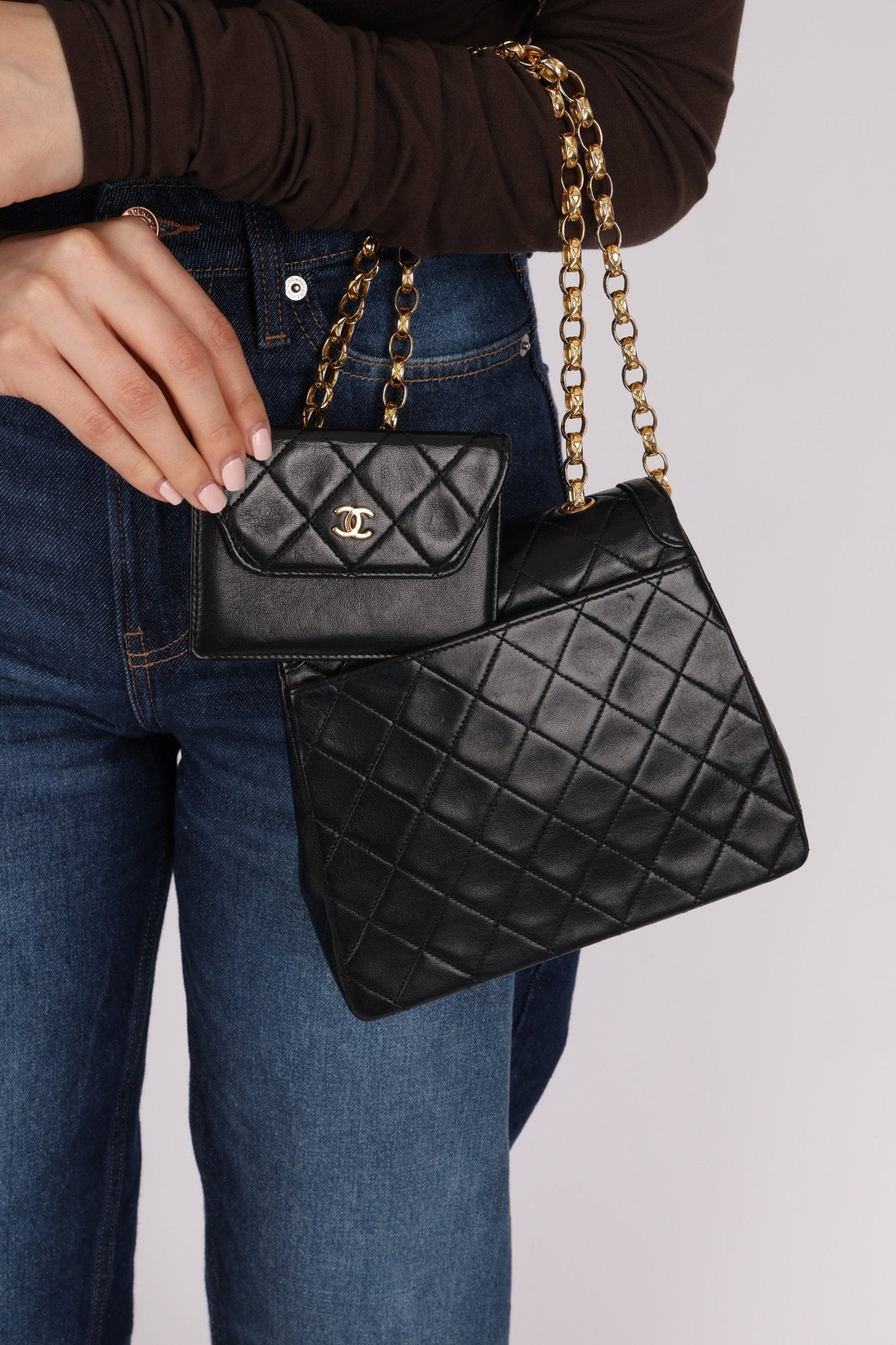 Rare Chanel 1987 Lambskin Bijoux Kelly Flap Bag with Chanel Cardholder 24K GP - FashioNica