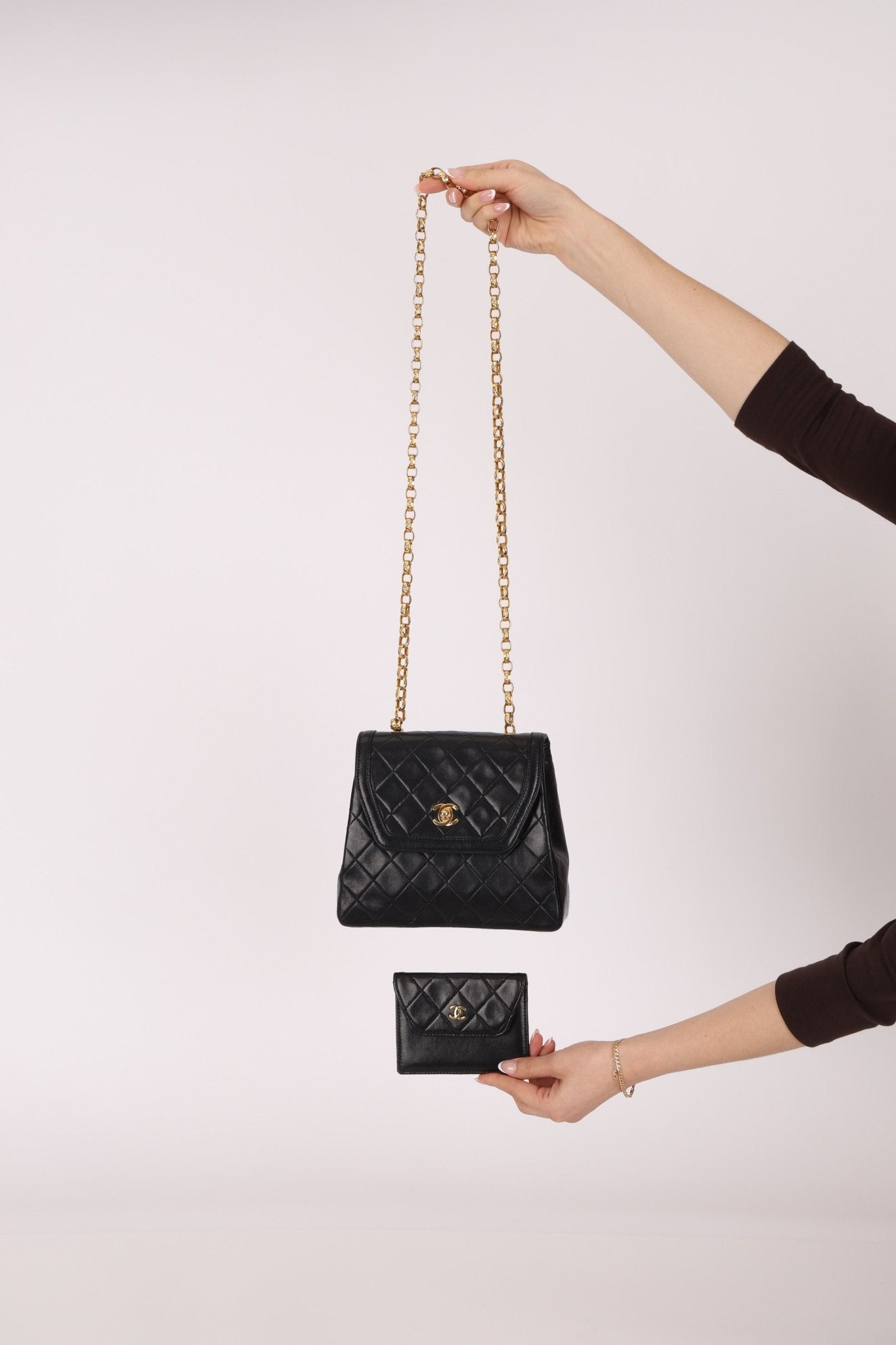 Rare Chanel 1987 Lambskin Bijoux Kelly Flap Bag with Chanel Cardholder 24K GP - FashioNica