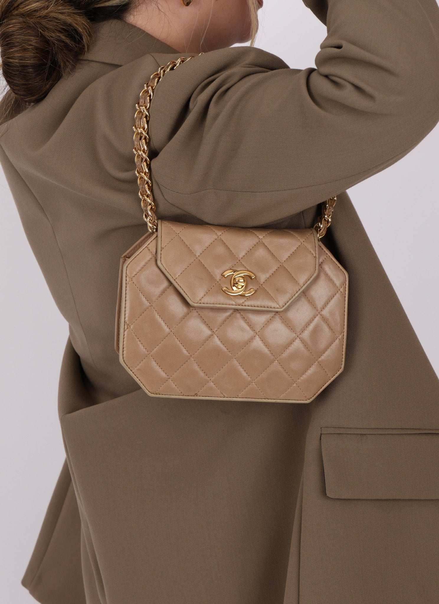 Rare Chanel 1989 Beige Lambskin Octagon Mini Flap - FashioNica