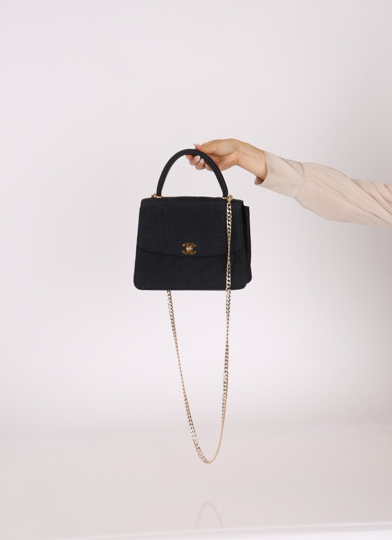 Rare Chanel 1991 Black Linen Kelly Top Handle - FashioNica