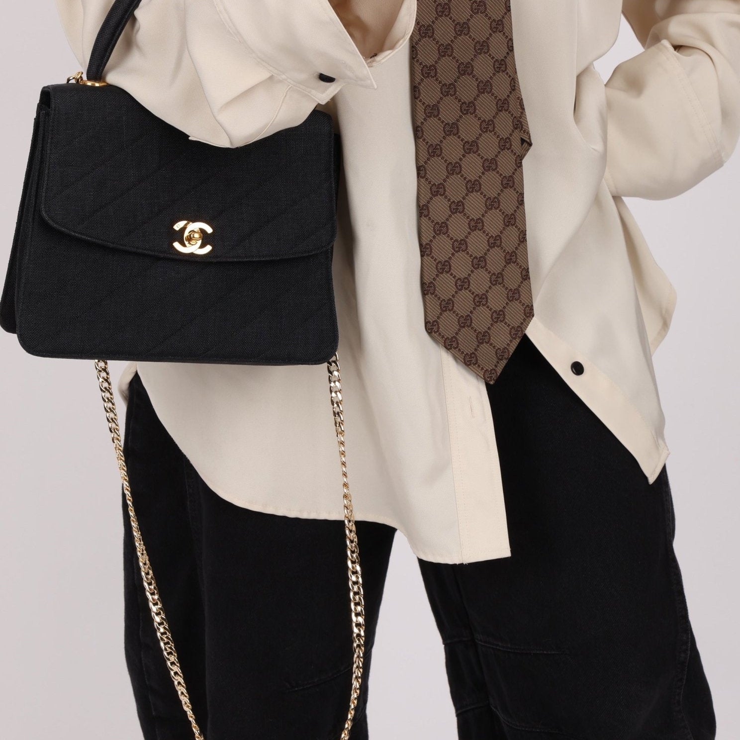 Rare Chanel 1991 Black Linen Kelly Top Handle - FashioNica