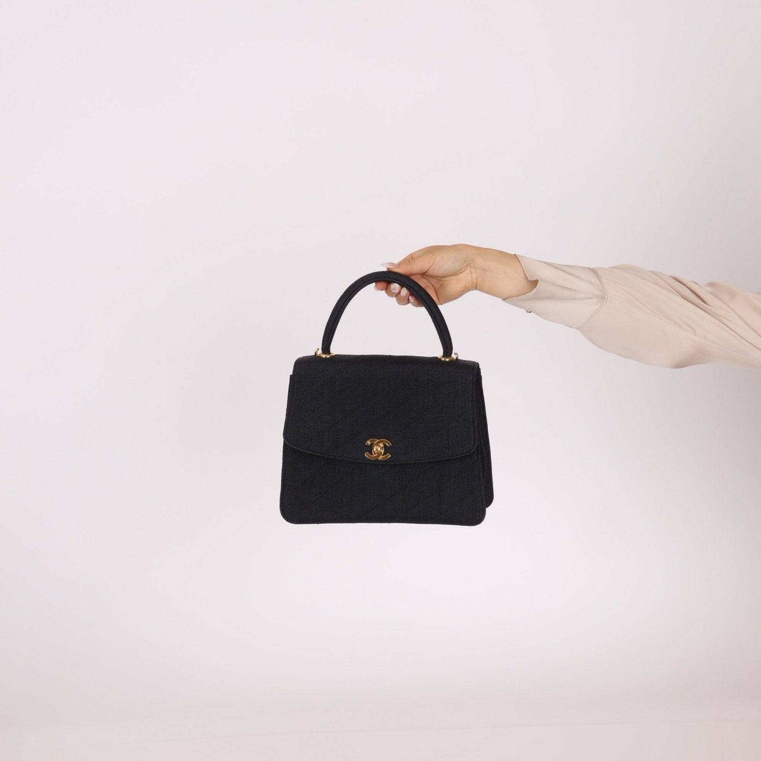 Rare Chanel 1991 Black Linen Kelly Top Handle - FashioNica