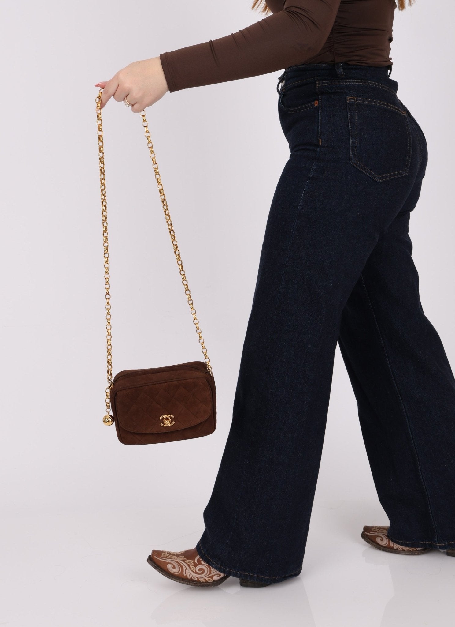 Rare Chanel 1991 Chocolate Suede Bijoux Camera Bag - FashioNica