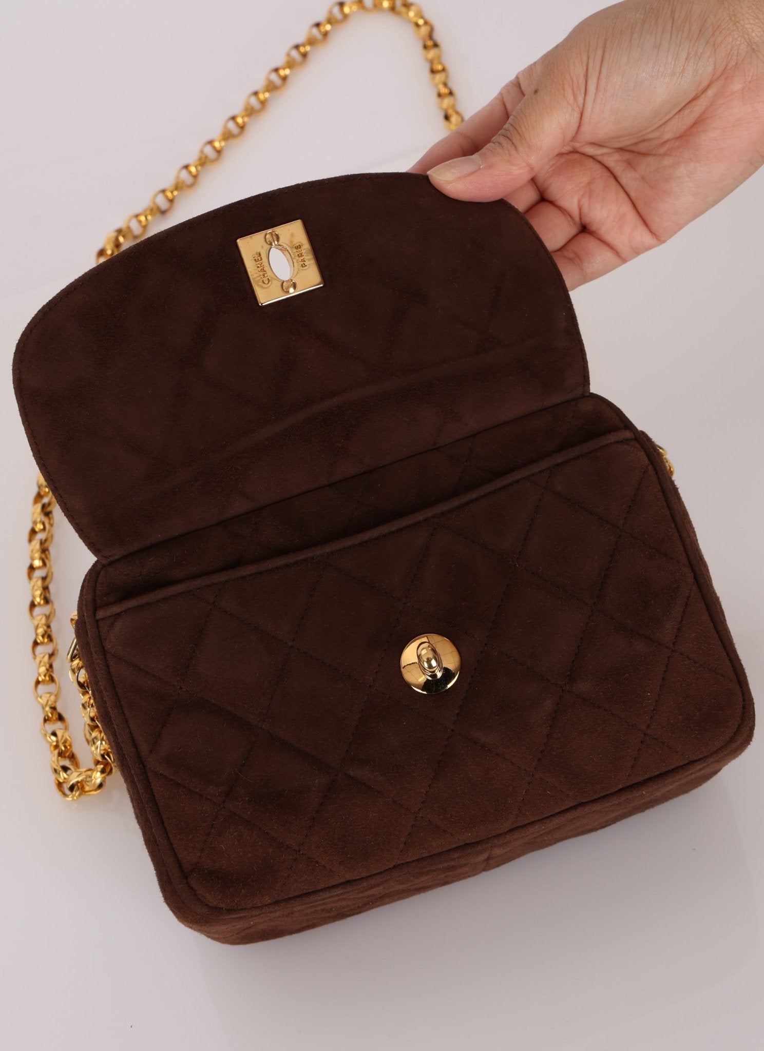 Rare Chanel 1991 Chocolate Suede Bijoux Camera Bag - FashioNica
