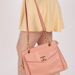 Rare Chanel 1991 Rose Sakura Caviar Turnlock Pocket Tote 24K GP - FashioNica