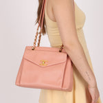 Rare Chanel 1991 Rose Sakura Caviar Turnlock Pocket Tote 24K GP - FashioNica