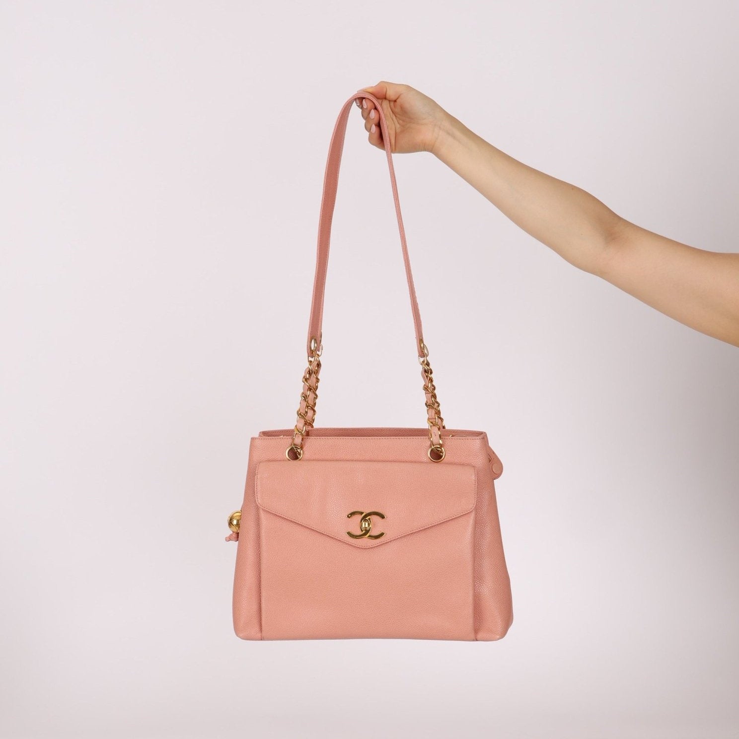 Rare Chanel 1991 Rose Sakura Caviar Turnlock Pocket Tote 24K GP - FashioNica
