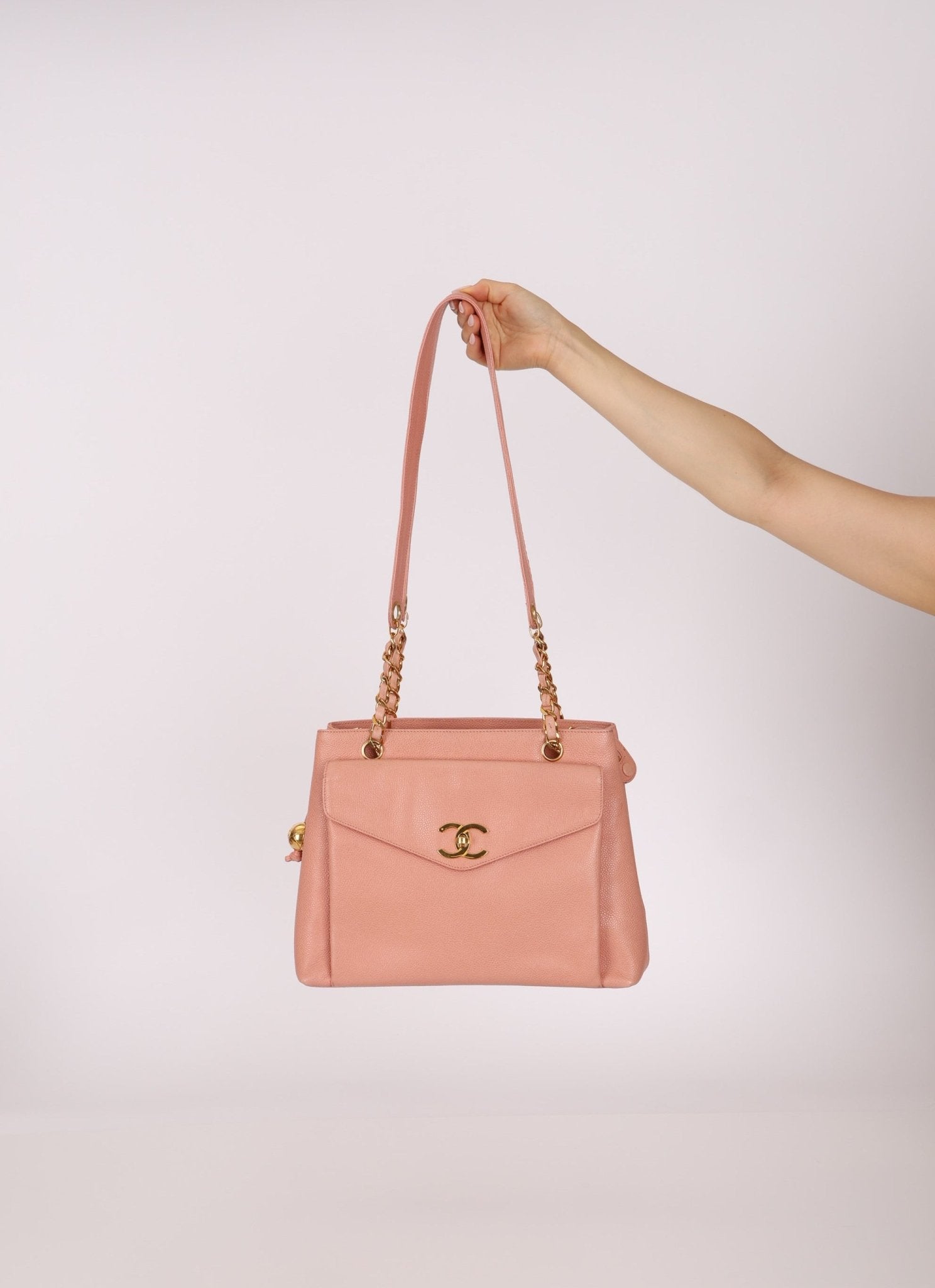 Rare Chanel 1991 Rose Sakura Caviar Turnlock Pocket Tote 24K GP - FashioNica