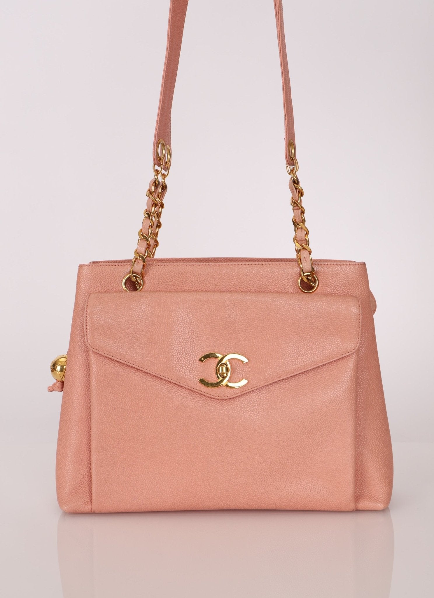 Rare Chanel 1991 Rose Sakura Caviar Turnlock Pocket Tote 24K GP - FashioNica