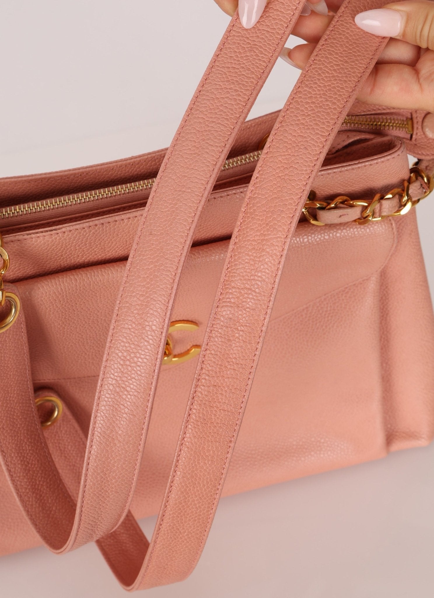 Rare Chanel 1991 Rose Sakura Caviar Turnlock Pocket Tote 24K GP - FashioNica