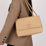Rare Chanel 1995 Beige Caviar Diagonal Stitch Jumbo Flap Bag 24k GP - FashioNica