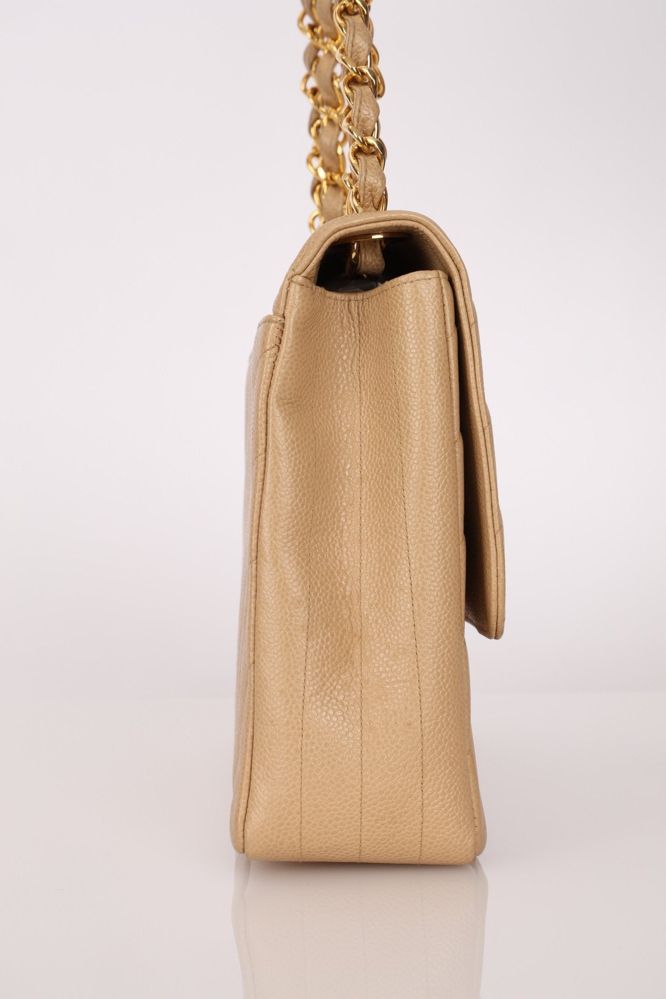 Rare Chanel 1995 Beige Caviar Diagonal Stitch Jumbo Flap Bag 24k GP - FashioNica