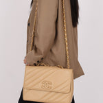 Rare Chanel 1995 Beige Caviar Diagonal Stitch Jumbo Flap Bag 24k GP - FashioNica