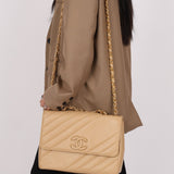 Rare Chanel 1995 Beige Caviar Diagonal Stitch Jumbo Flap Bag 24k GP - FashioNica