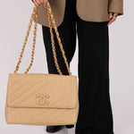 Rare Chanel 1995 Beige Caviar Diagonal Stitch Jumbo Flap Bag 24k GP - FashioNica