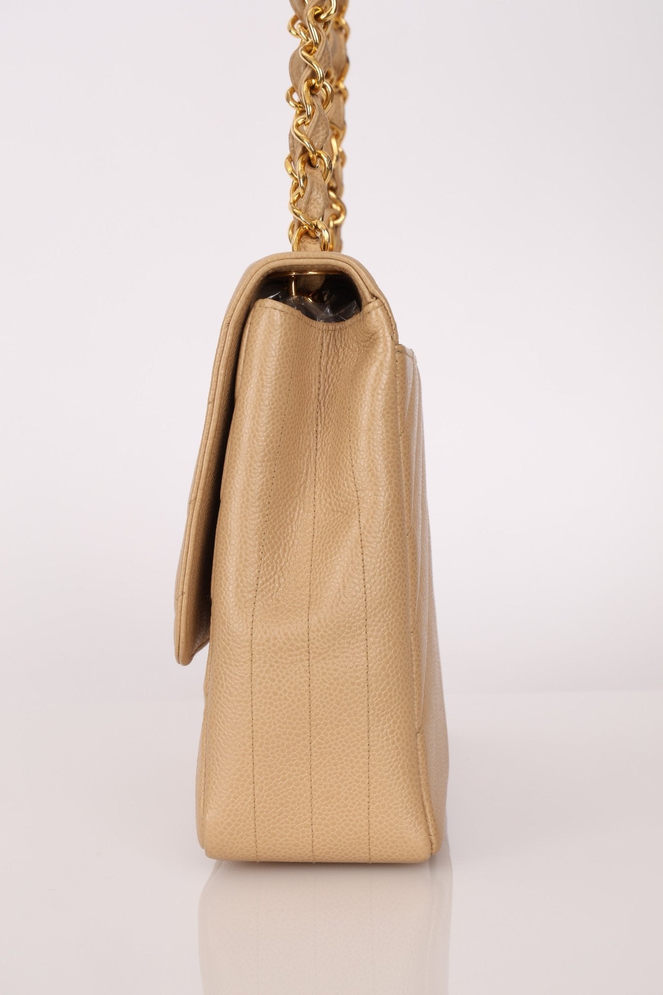 Rare Chanel 1995 Beige Caviar Diagonal Stitch Jumbo Flap Bag 24k GP - FashioNica