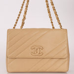 Rare Chanel 1995 Beige Caviar Diagonal Stitch Jumbo Flap Bag 24k GP - FashioNica