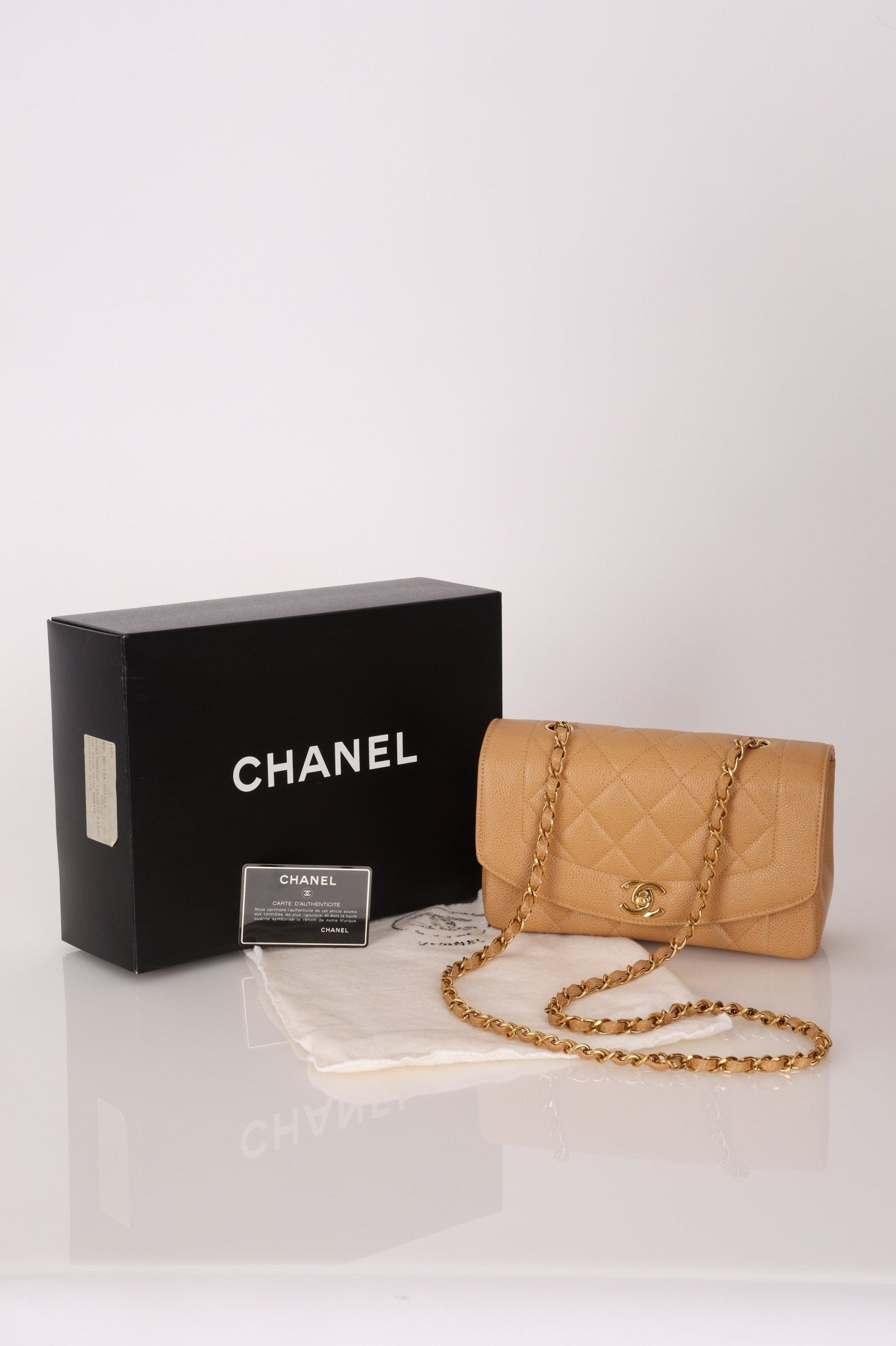 Rare Chanel 1995 Dark Beige Caviar Small Diana 24K GP - FashioNica
