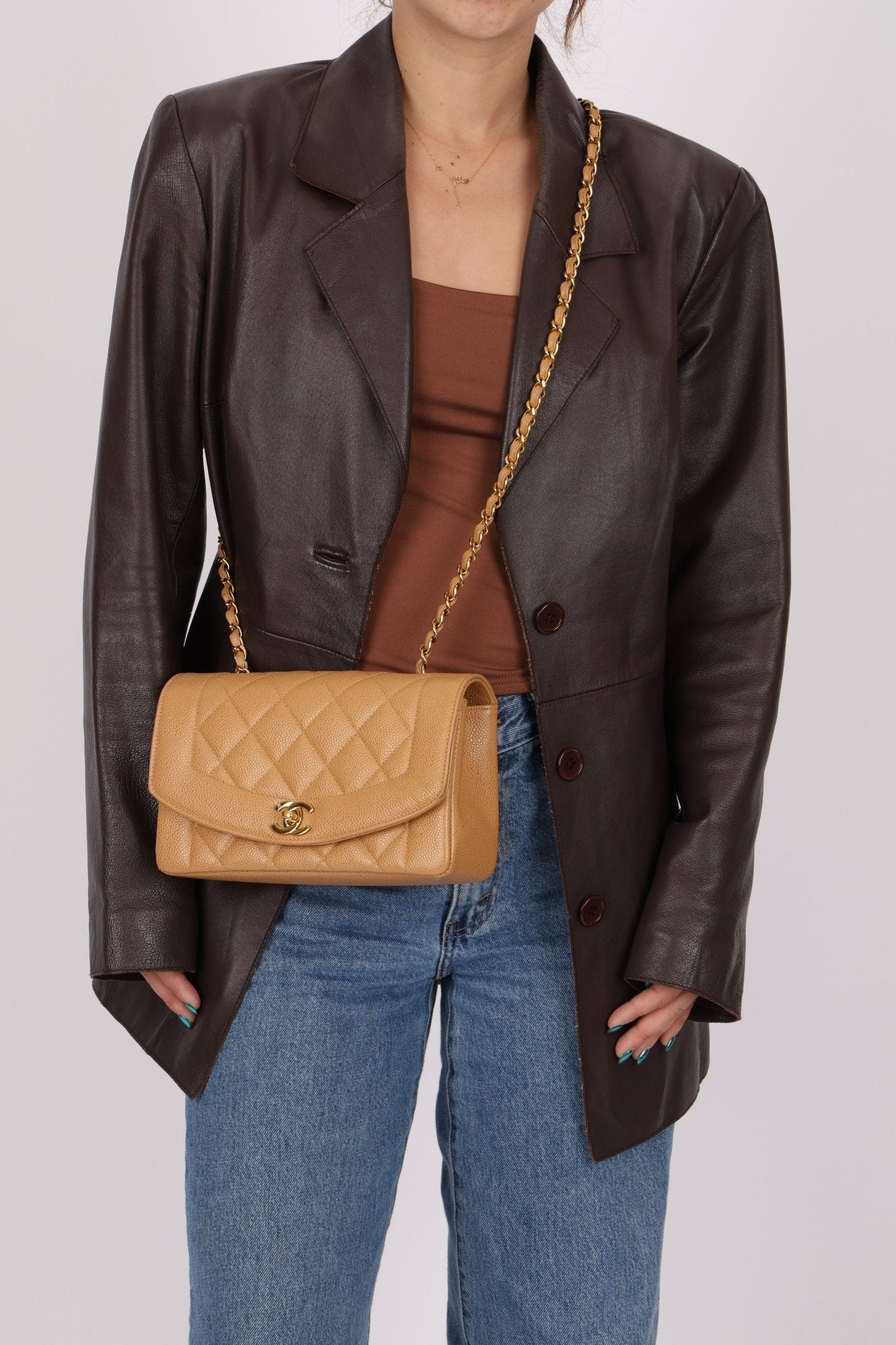 Rare Chanel 1995 Dark Beige Caviar Small Diana 24K GP - FashioNica