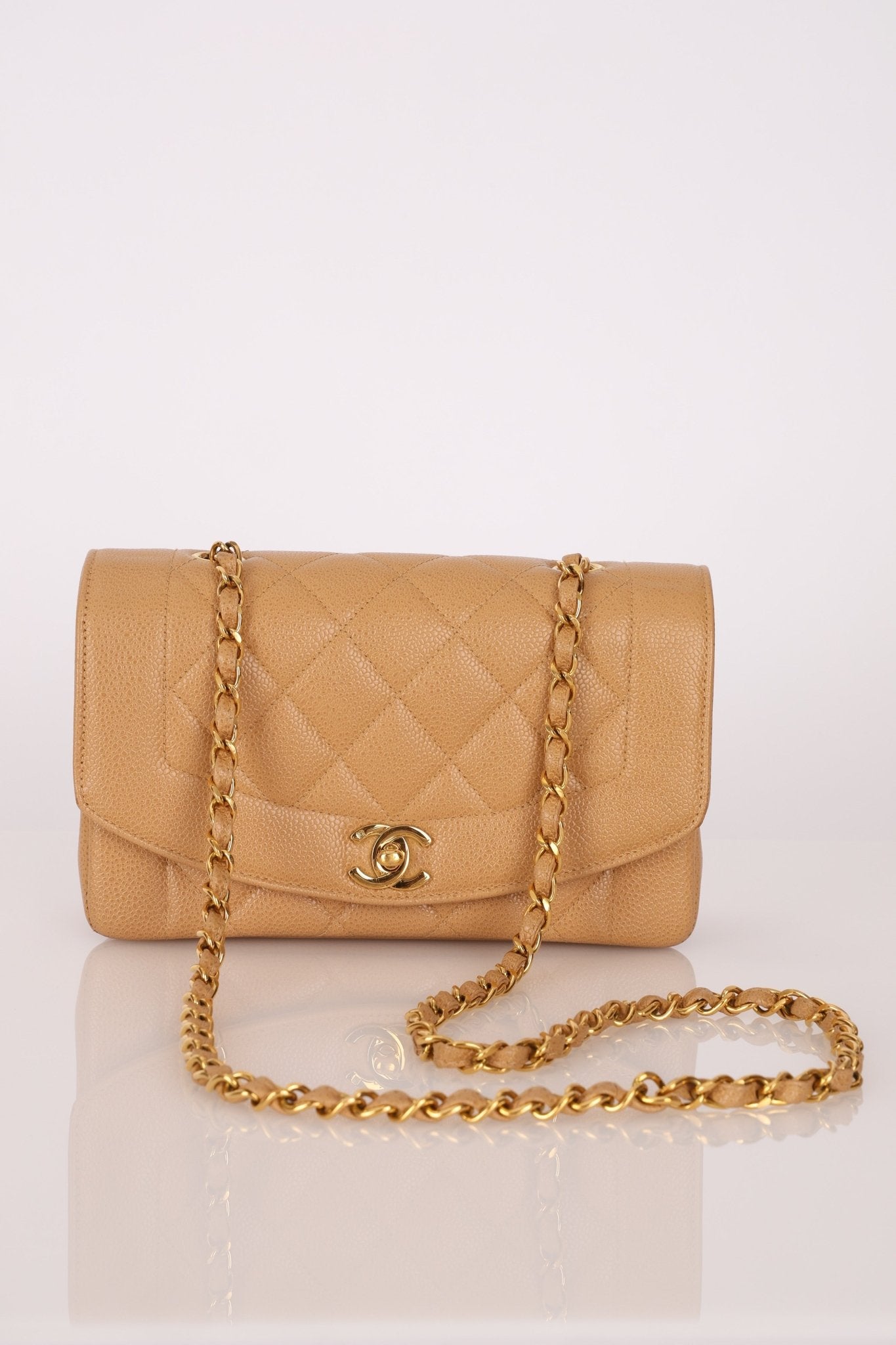 Rare Chanel 1995 Dark Beige Caviar Small Diana 24K GP - FashioNica