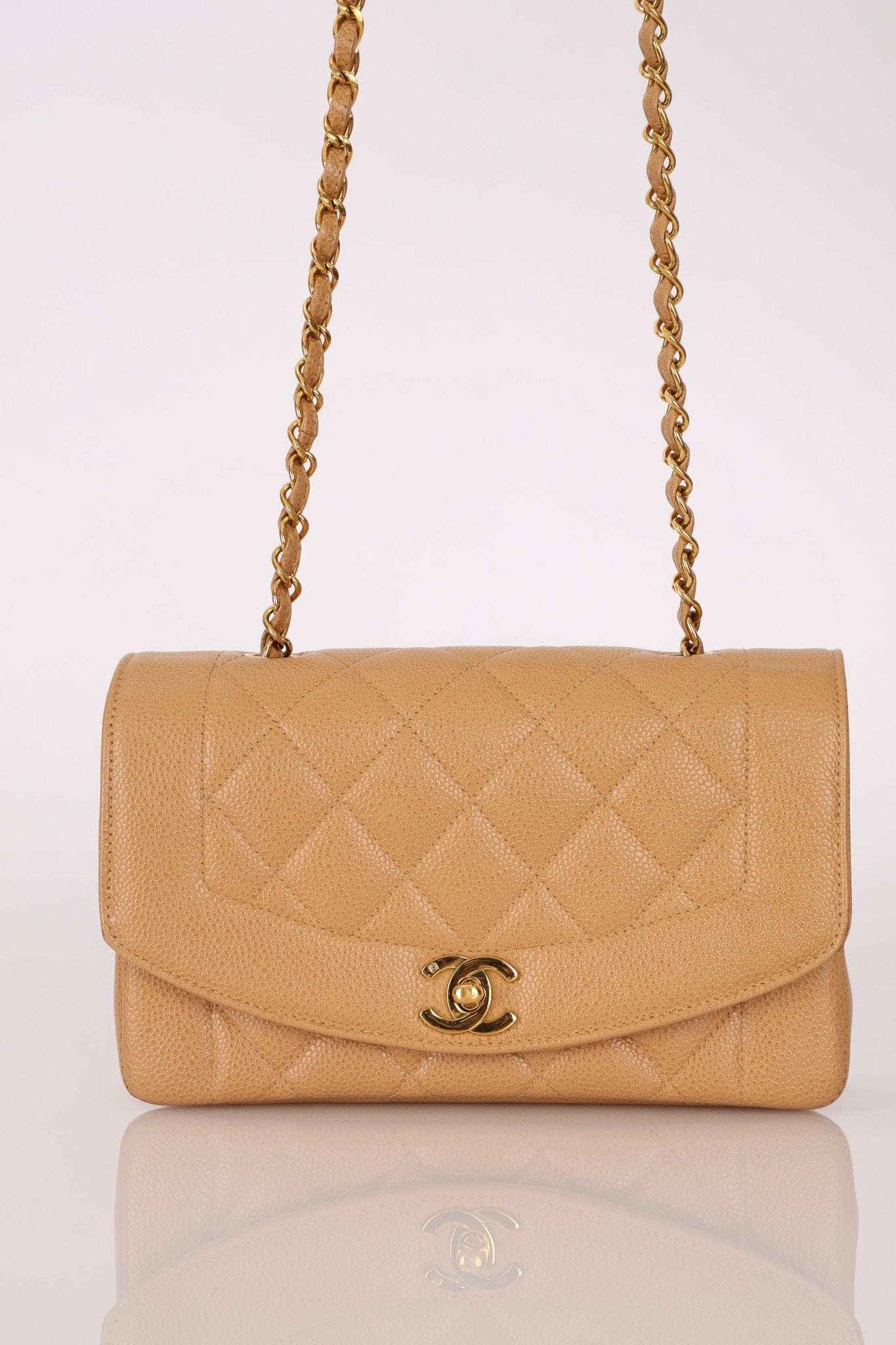 Rare Chanel 1995 Dark Beige Caviar Small Diana 24K GP - FashioNica