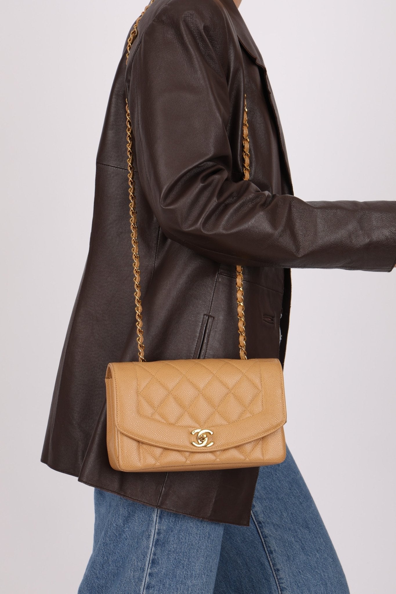 Rare Chanel 1995 Dark Beige Caviar Small Diana 24K GP - FashioNica