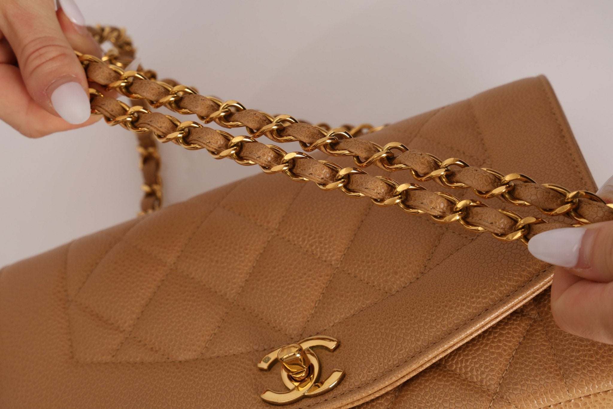 Rare Chanel 1995 Dark Beige Caviar Small Diana 24K GP - FashioNica