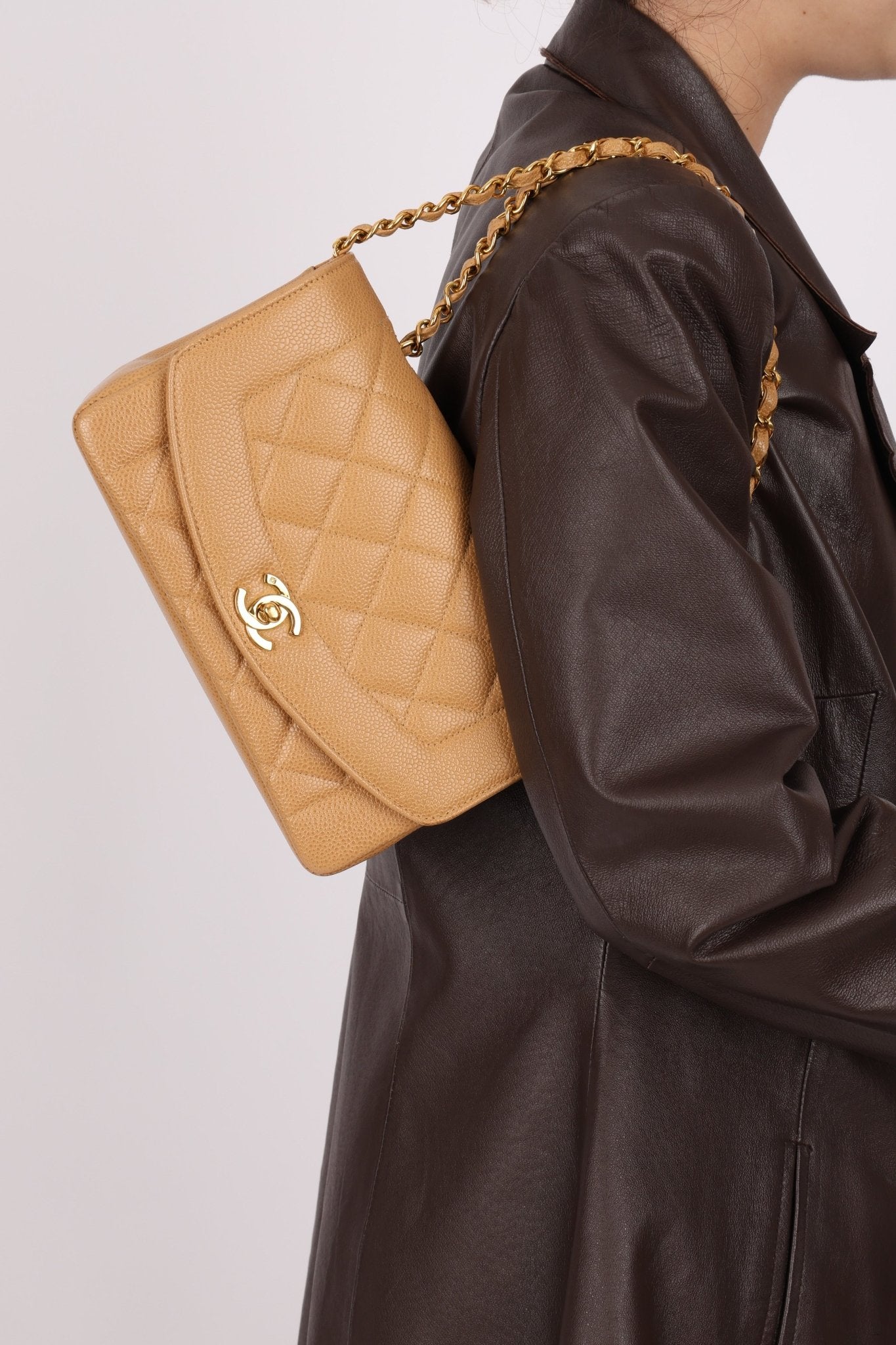 Rare Chanel 1995 Dark Beige Caviar Small Diana 24K GP - FashioNica