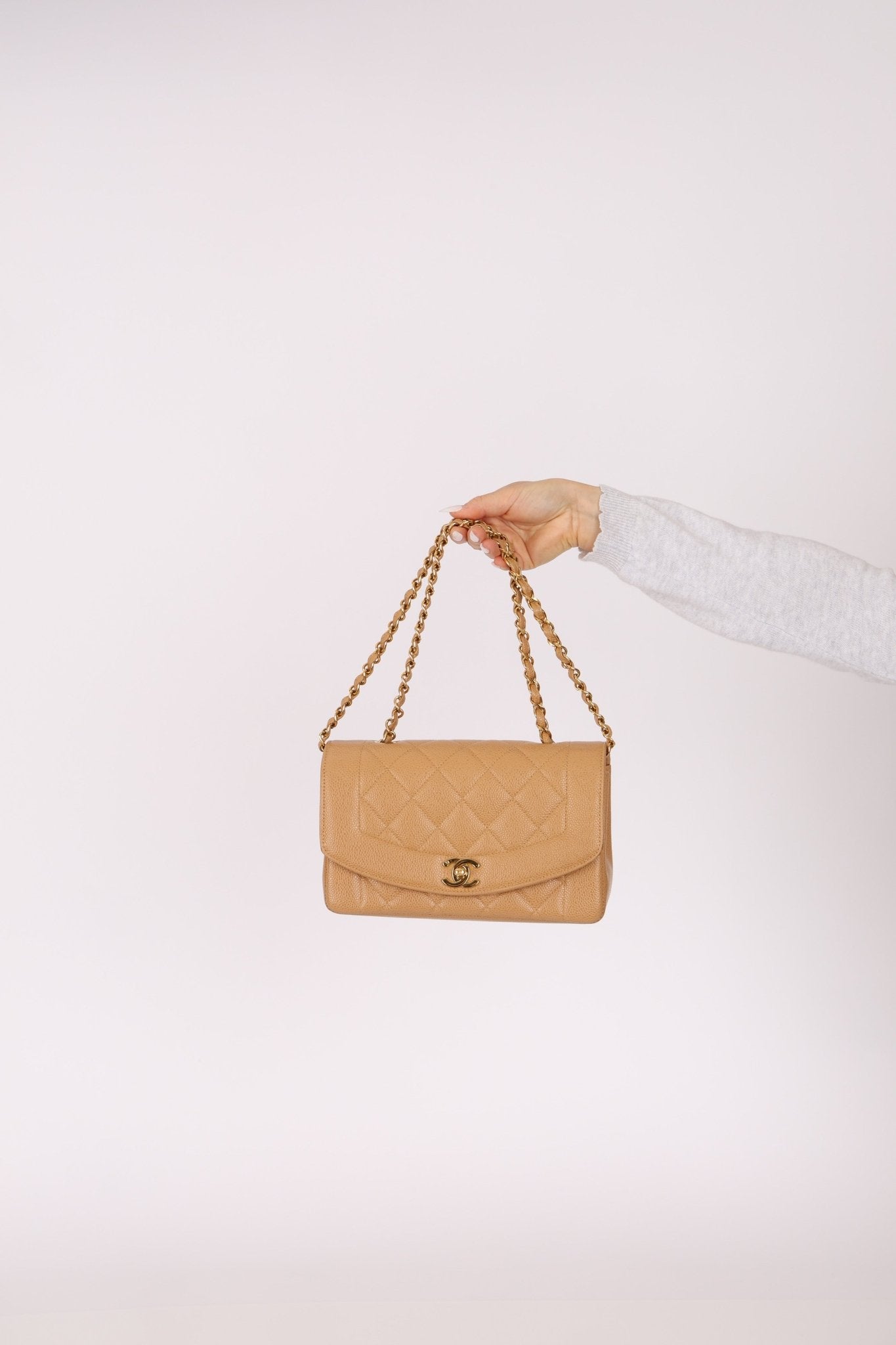 Rare Chanel 1995 Dark Beige Caviar Small Diana 24K GP - FashioNica