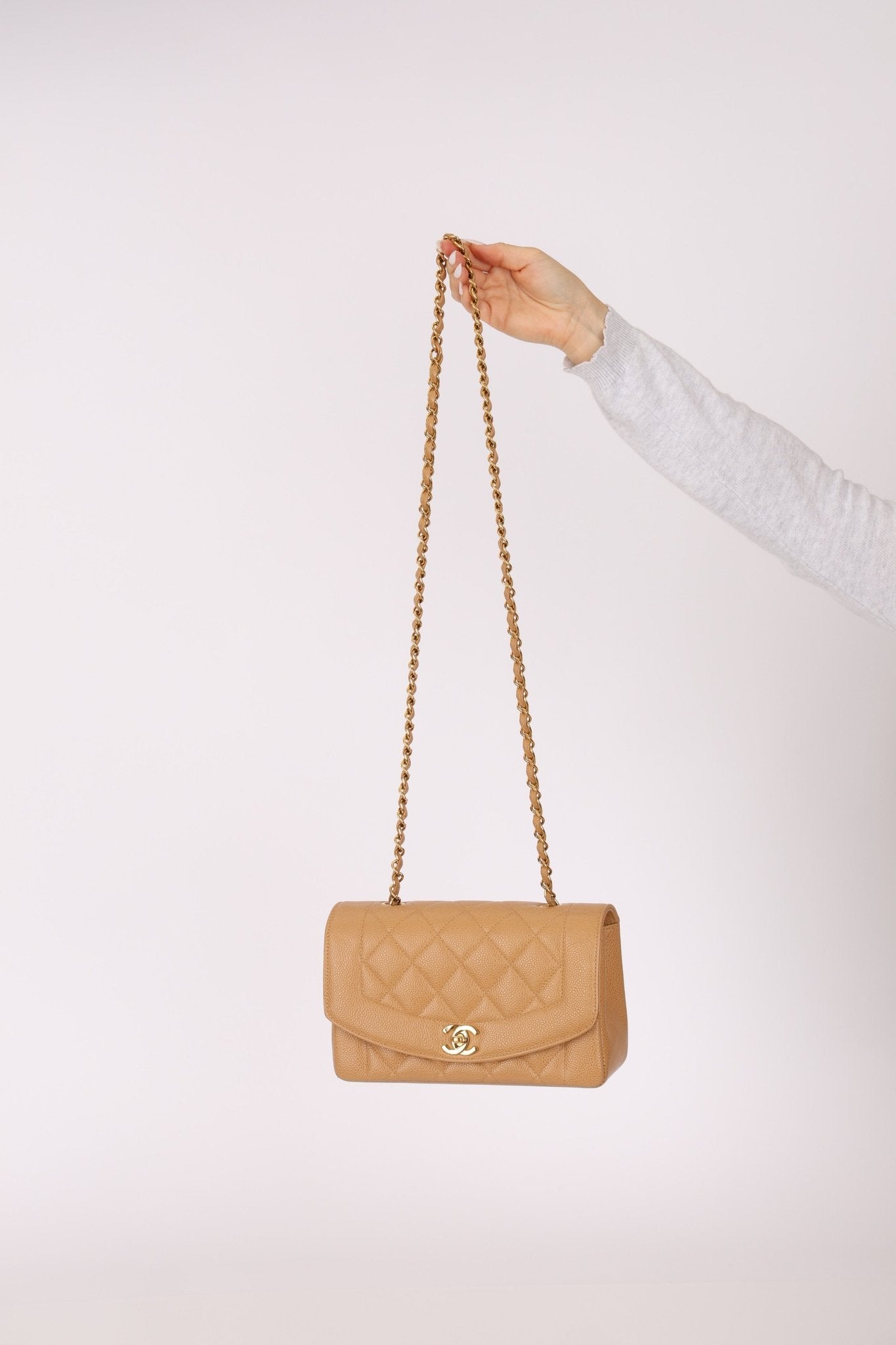 Rare Chanel 1995 Dark Beige Caviar Small Diana 24K GP - FashioNica