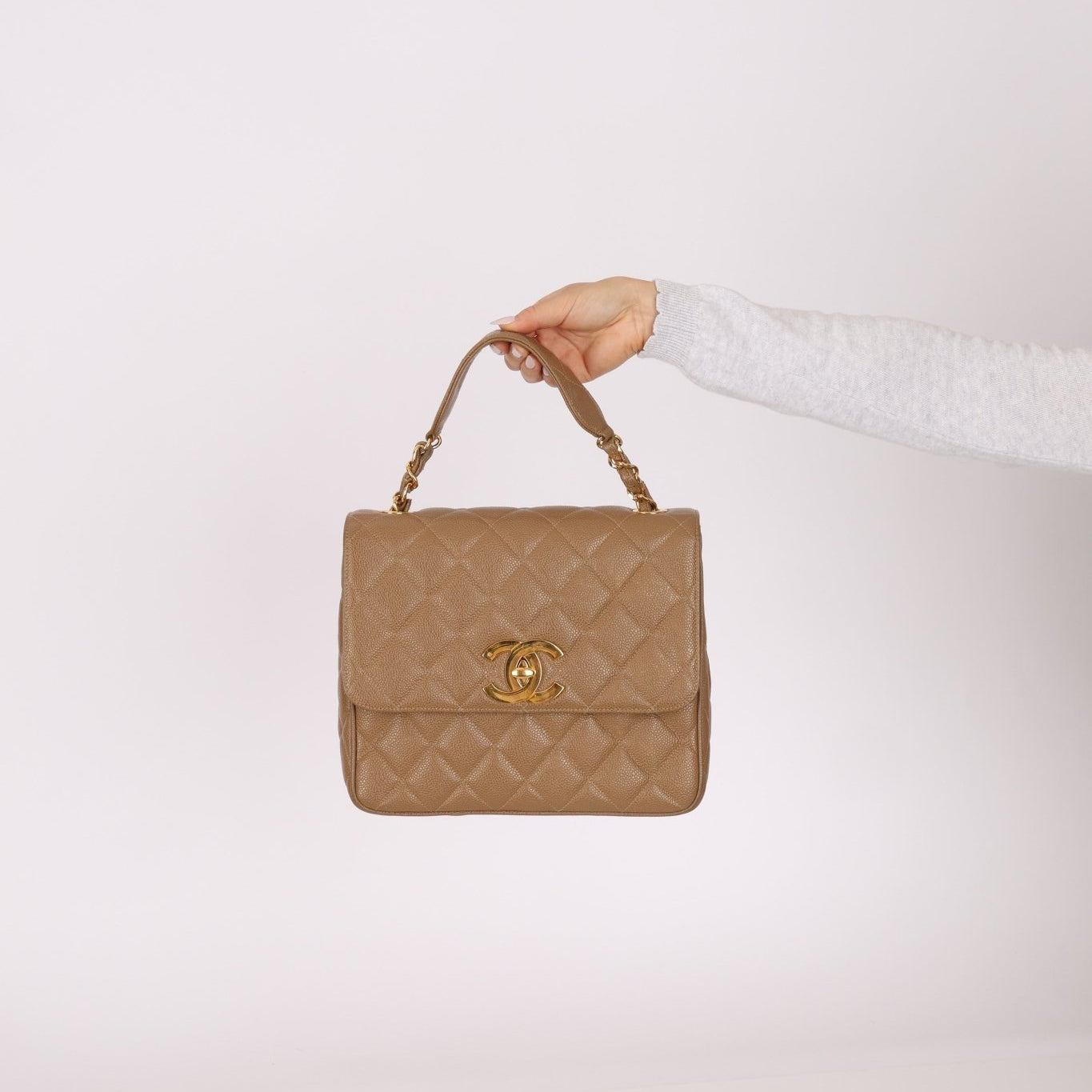 Rare Chanel 1995 Latte Caviar XL Turnlock Top Handle - FashioNica