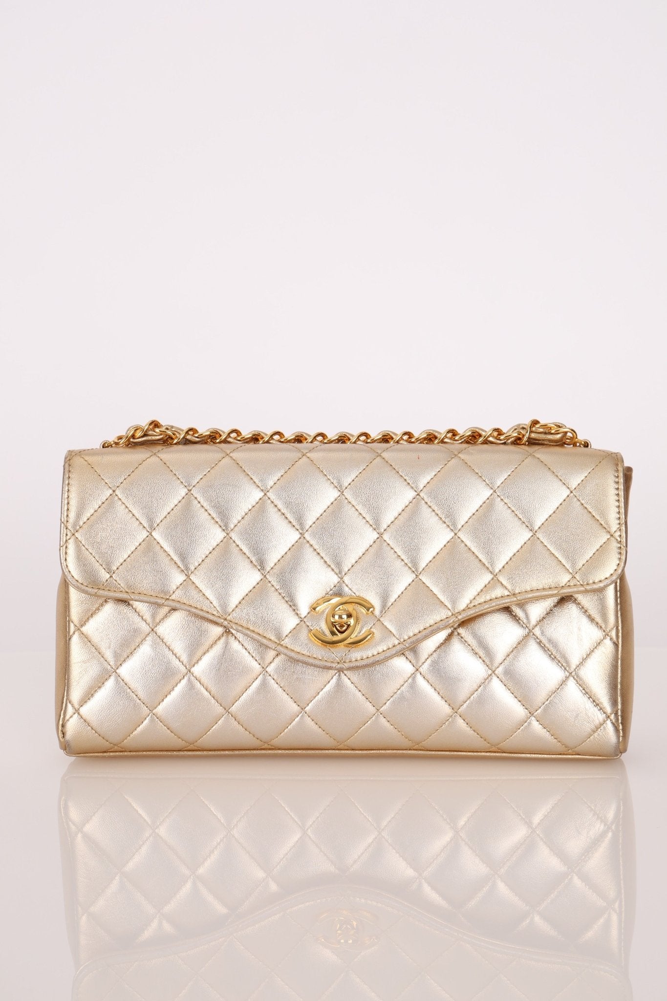 Rare Chanel 1995 Metallic Gold Matelasse Lambskin Turnlock Clutch 24K GP - FashioNica