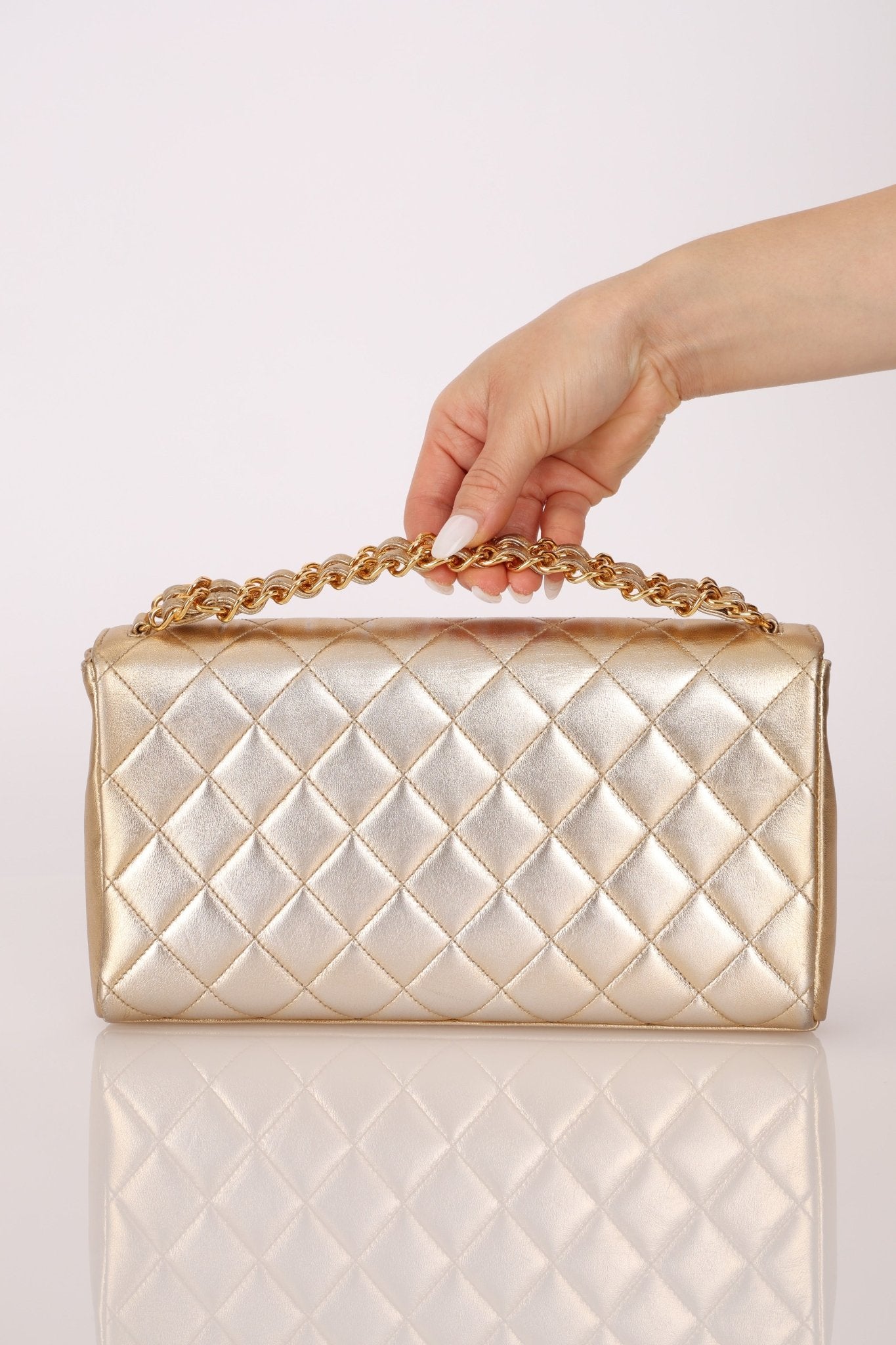 Rare Chanel 1995 Metallic Gold Matelasse Lambskin Turnlock Clutch 24K GP - FashioNica