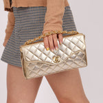 Rare Chanel 1995 Metallic Gold Matelasse Lambskin Turnlock Clutch 24K GP - FashioNica