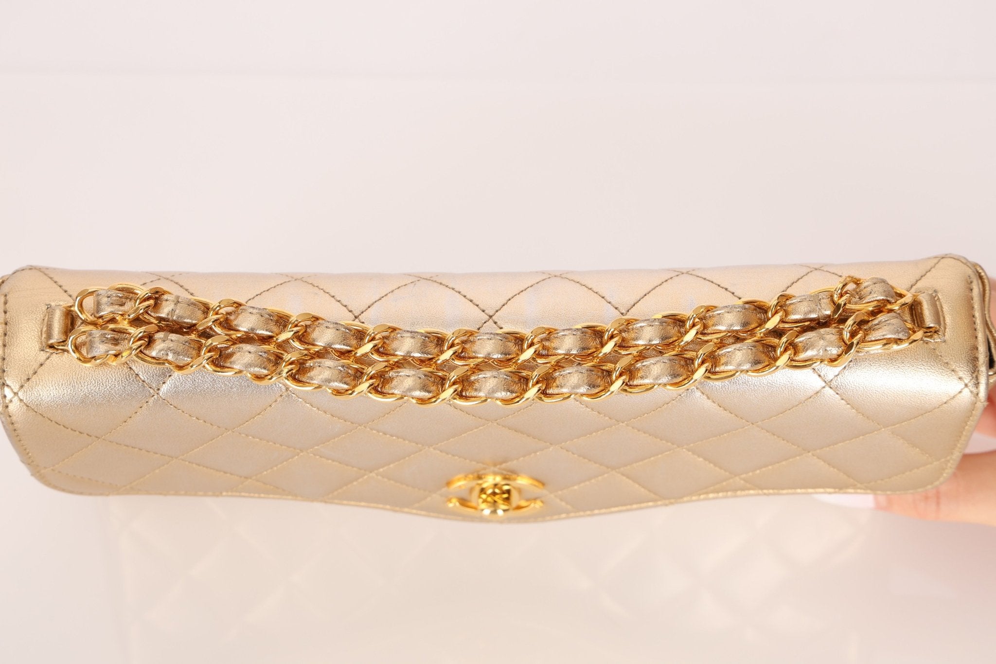 Rare Chanel 1995 Metallic Gold Matelasse Lambskin Turnlock Clutch 24K GP - FashioNica