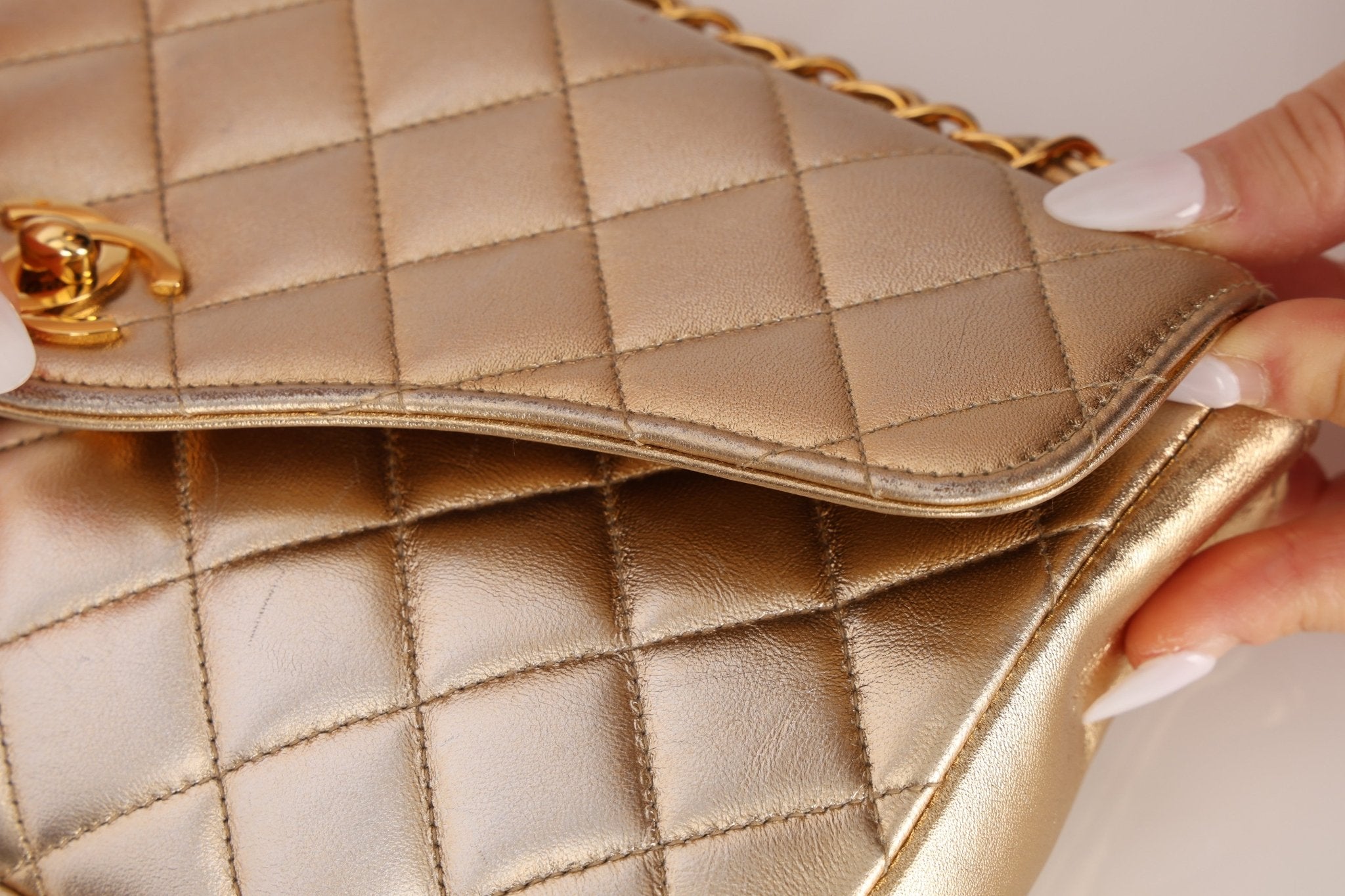 Rare Chanel 1995 Metallic Gold Matelasse Lambskin Turnlock Clutch 24K GP - FashioNica