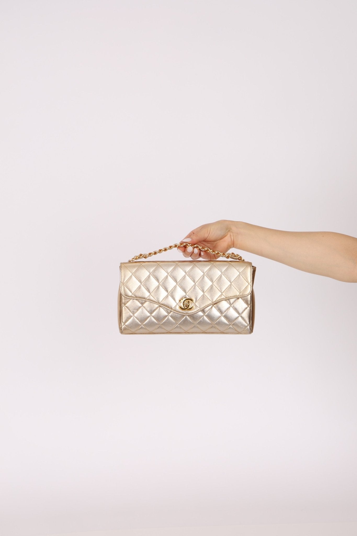 Rare Chanel 1995 Metallic Gold Matelasse Lambskin Turnlock Clutch 24K GP - FashioNica