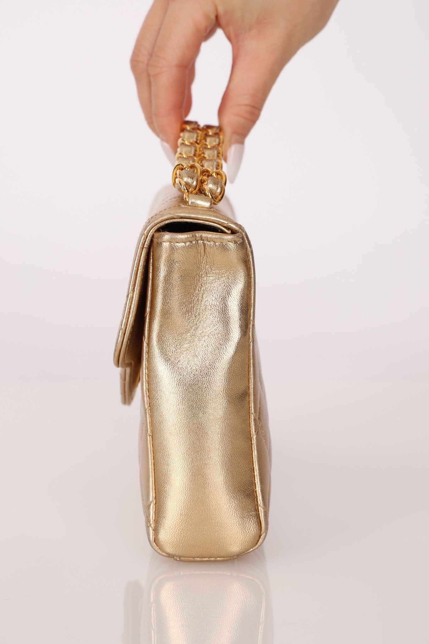 Rare Chanel 1995 Metallic Gold Matelasse Lambskin Turnlock Clutch 24K GP - FashioNica