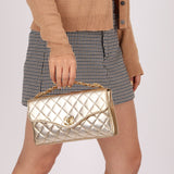 Rare Chanel 1995 Metallic Gold Matelasse Lambskin Turnlock Clutch 24K GP - FashioNica