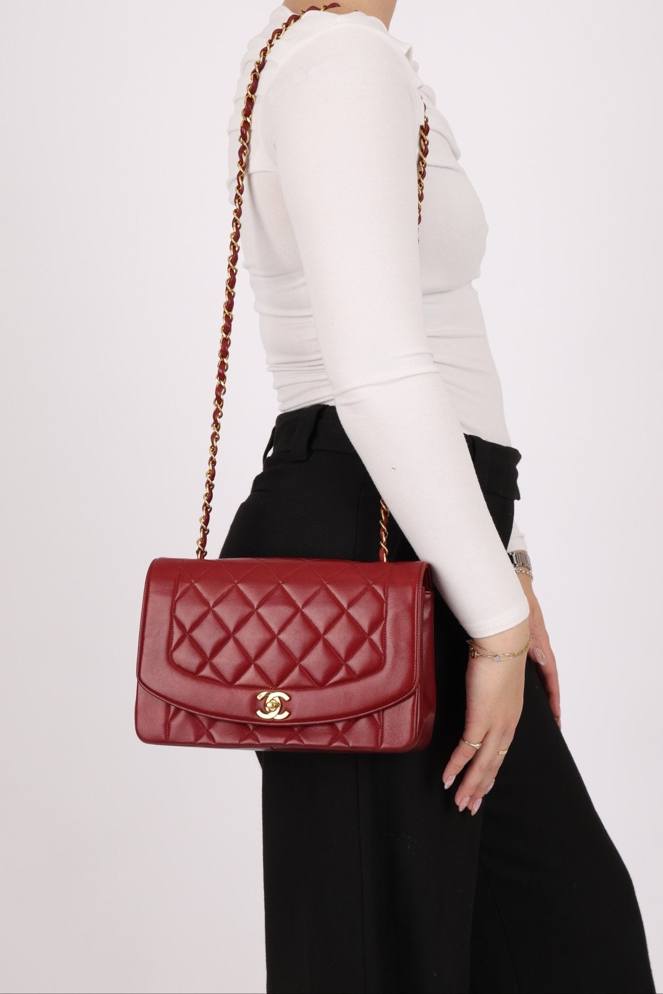 Rare Chanel 1996 Bordeaux Lambskin Medium Diana Flap Bag 24k GP - FashioNica