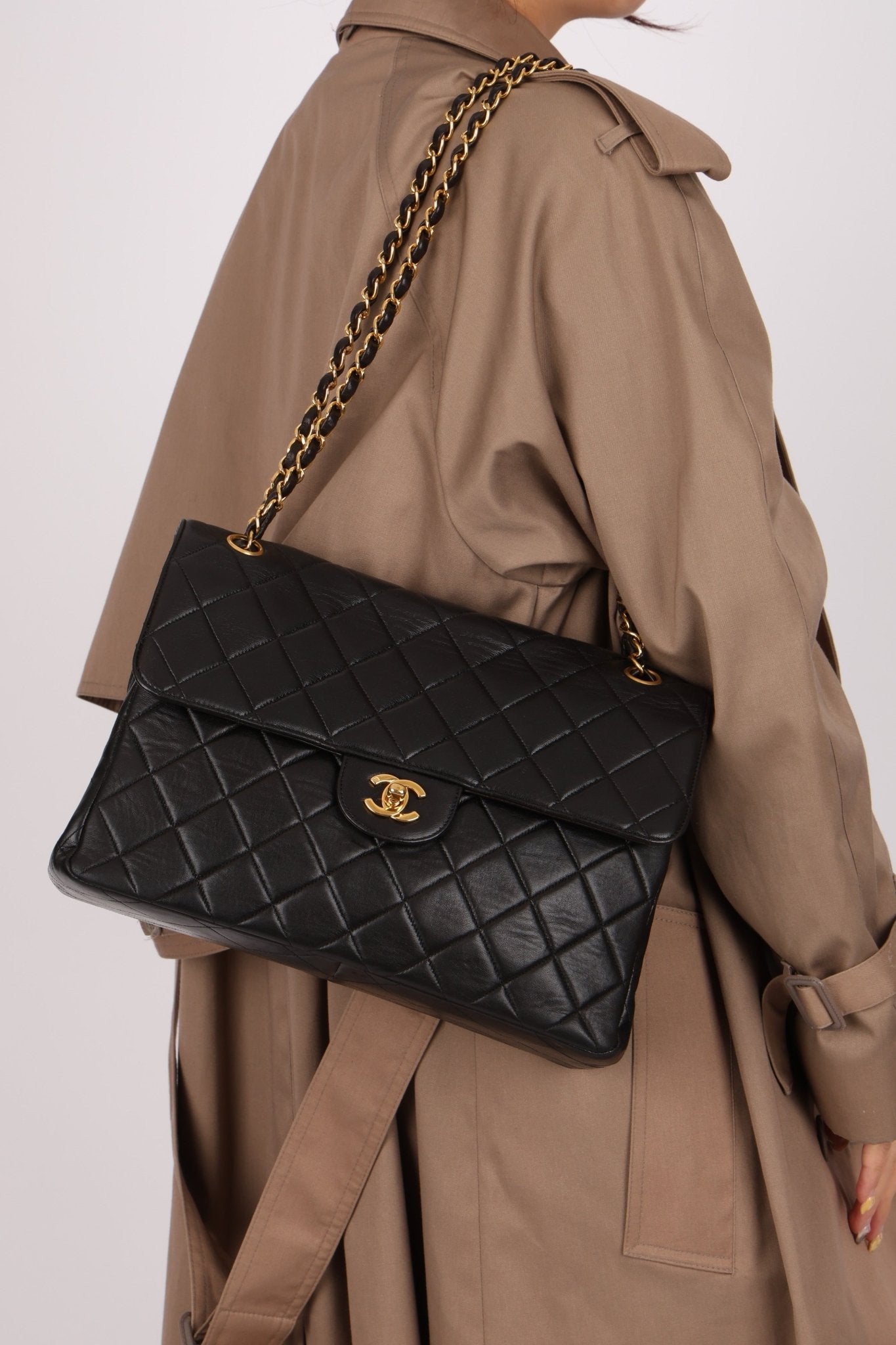 Rare Chanel 1996 Lambskin XL Double Sided Turnlock Classic Flap Bag 24K GP - FashioNica