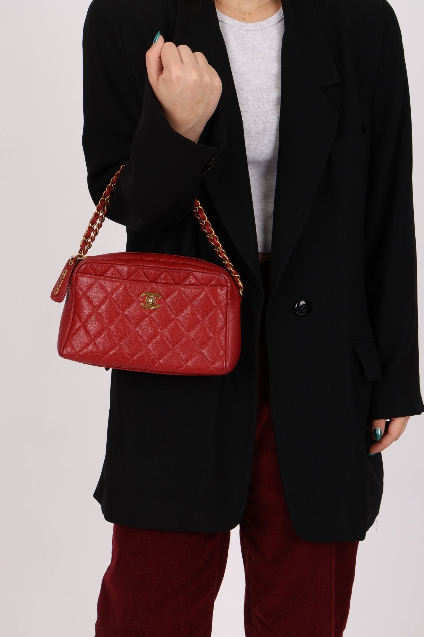 Rare Chanel 1996 Red Caviar Twist Chain Turnlock Camera Shoulder Bag 24K GP - FashioNica