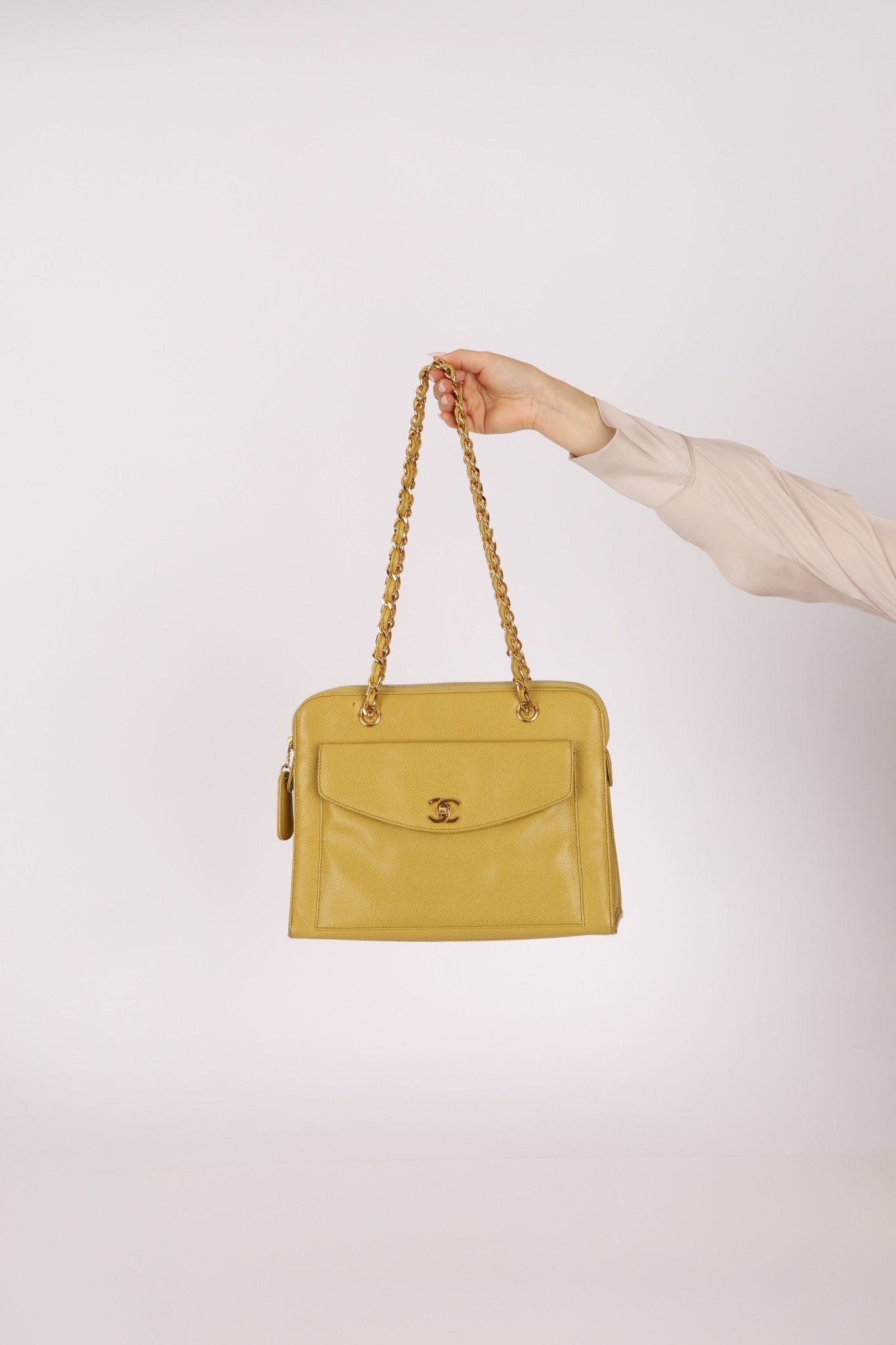 Rare Chanel 1997 Chartreuse Caviar Turnlock Zip Tote 24K GP - FashioNica