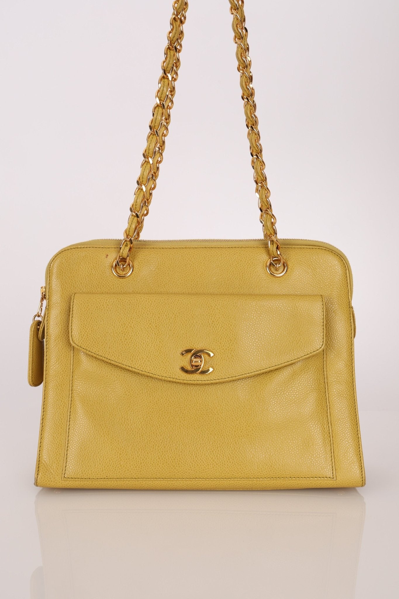 Rare Chanel 1997 Chartreuse Caviar Turnlock Zip Tote 24K GP - FashioNica