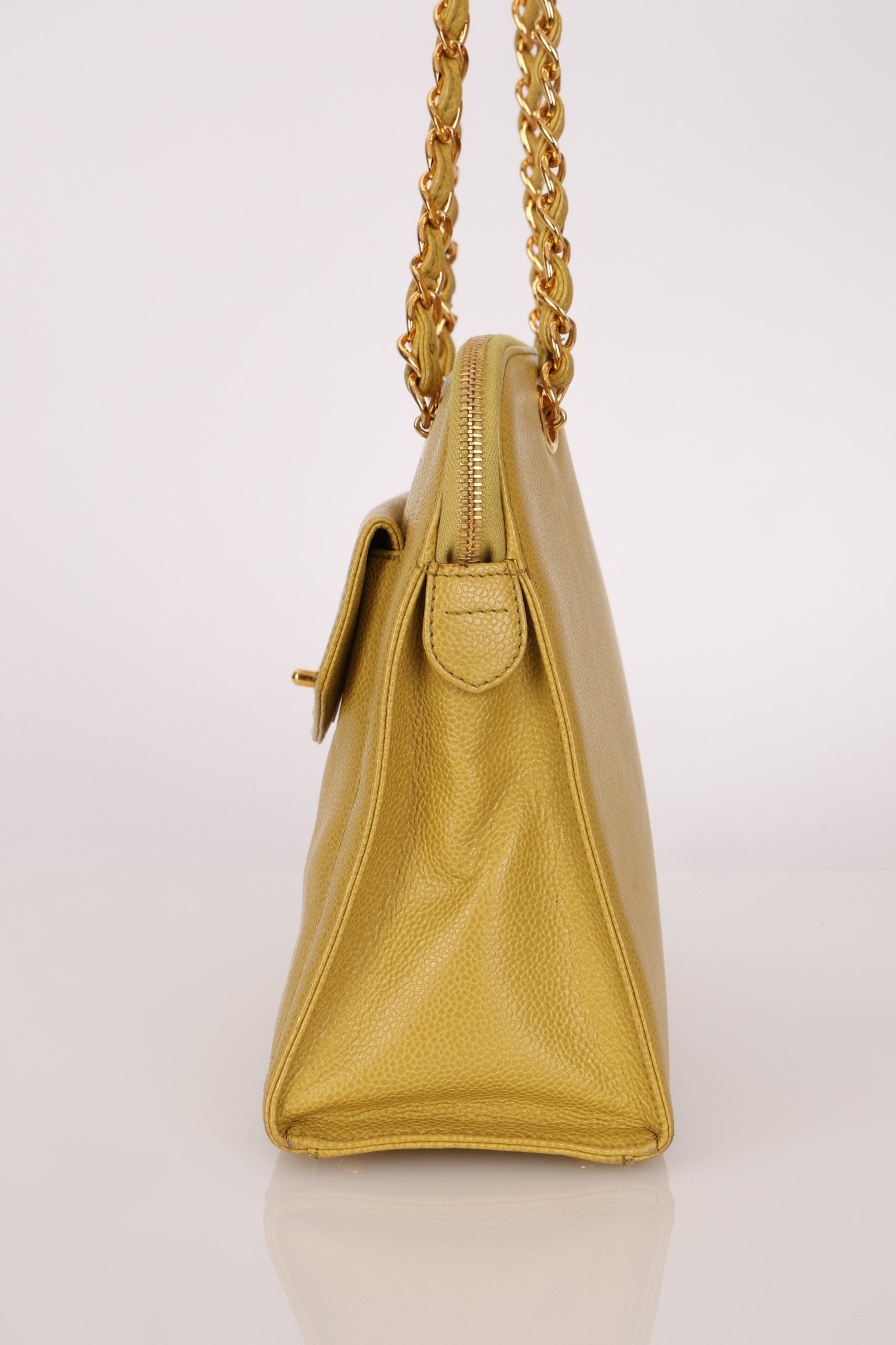 Rare Chanel 1997 Chartreuse Caviar Turnlock Zip Tote 24K GP - FashioNica