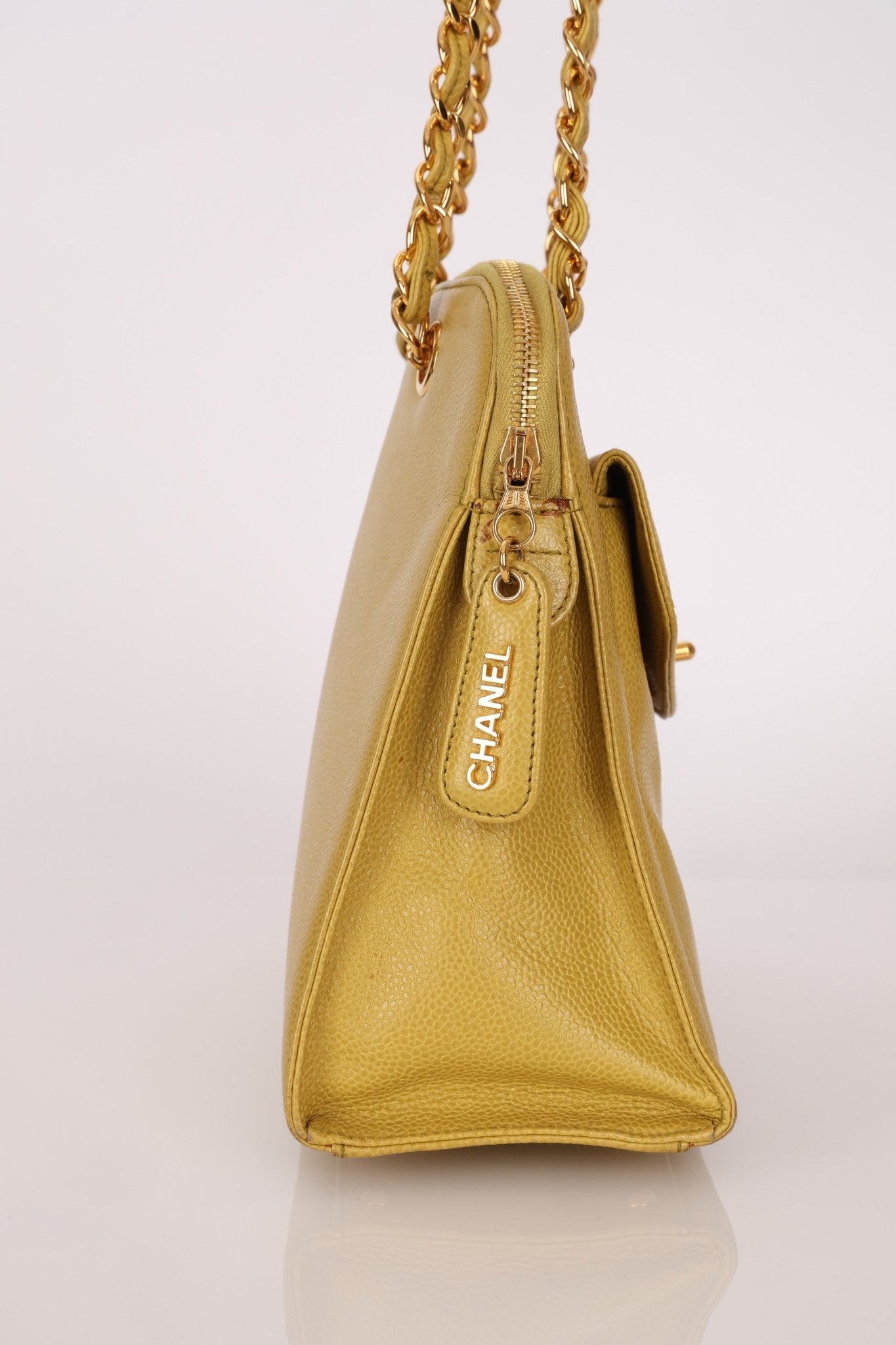 Rare Chanel 1997 Chartreuse Caviar Turnlock Zip Tote 24K GP - FashioNica