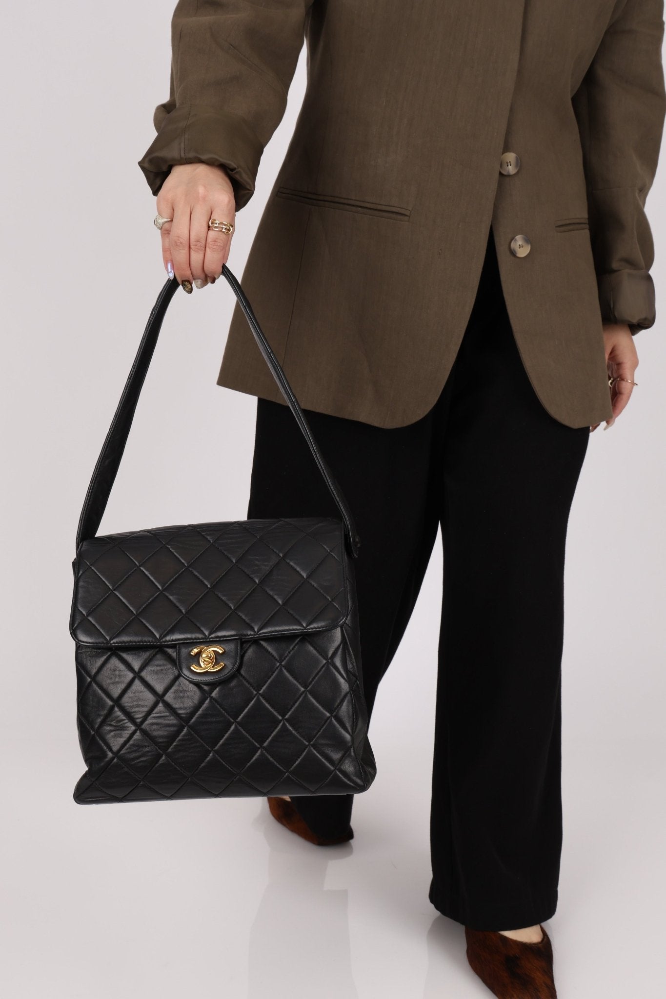 Rare Chanel 1997 Lambskin Turnlock Double - Sided Kelly Shoulder Bag 24k GP - FashioNica