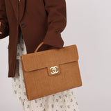 Rare Chanel 1997 Raffia XL Logo Briefcase 24K GP - FashioNica